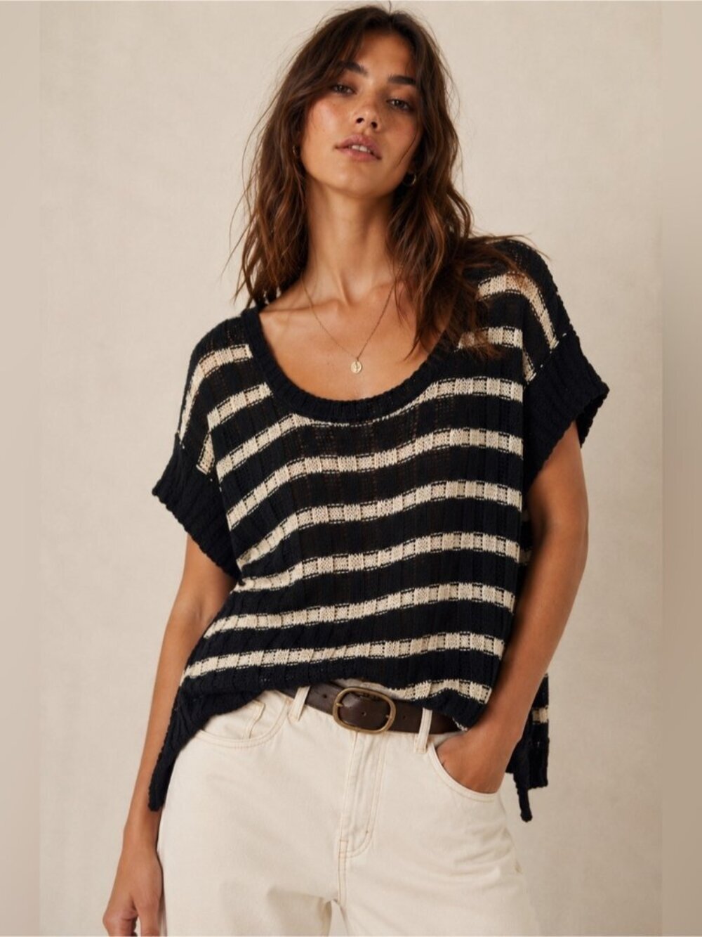 Free People Black & Cream Open Knit Striped Short Sleeve Sweater | Size M